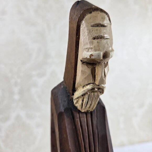 Hand Carved Wooden Monk Statue Two Tone Detailed Free Standing Sturdy Base VTG - Picture 5 of 11